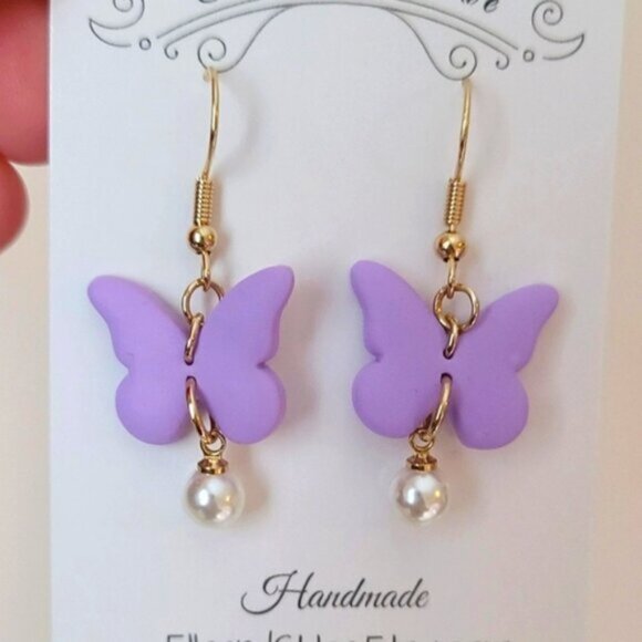 Gorgeous Gold Plated Purple Butterfly Earrings Pearl Accent Dangle Drop Earrings - Picture 1 of 1